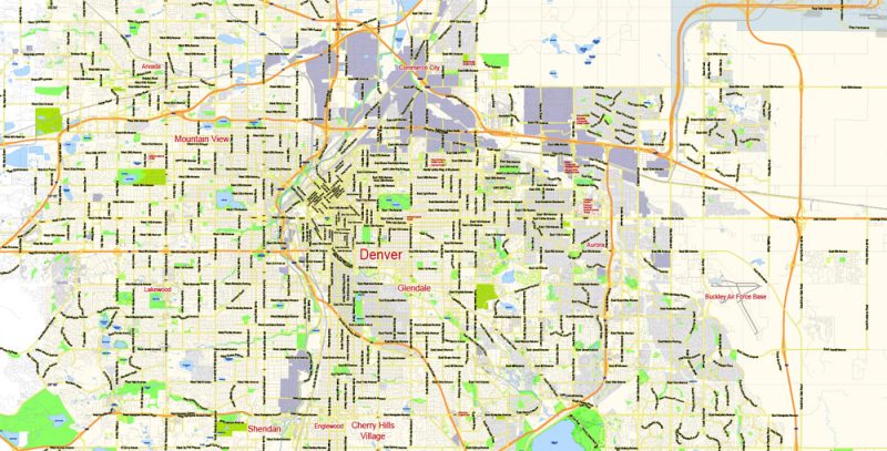 Denver Map Vector Colorado US exact City Plan scale 1:57789 full editable Adobe Illustrator Street Map