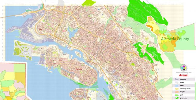 Alameda Oakland PDF Map Vector California US extra detailed City Plan ...
