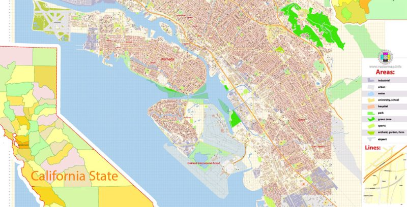 Alameda Oakland Map Vector California US extra detailed City Plan scale 1:3713 full editable Adobe Illustrator Street Map in layers with buildings