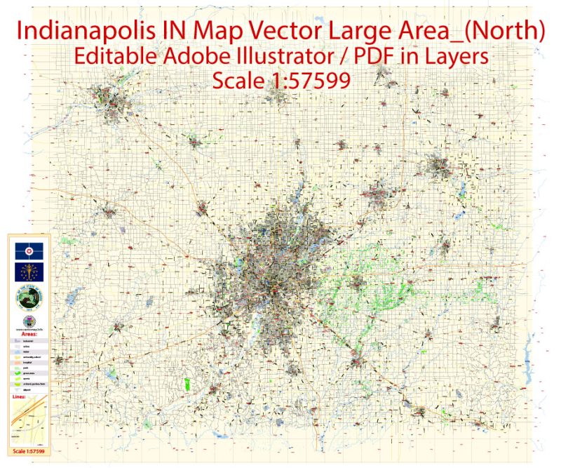 Indianapolis Map Vector Metro Area Large North, exact City Plan scale 1:57599 full editable Adobe Illustrator Street Map in layers