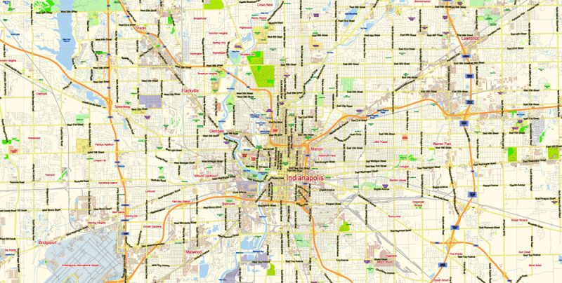 Indianapolis Map Vector Metro Area Large North, exact City Plan scale 1:57599 full editable Adobe Illustrator Street Map in layers