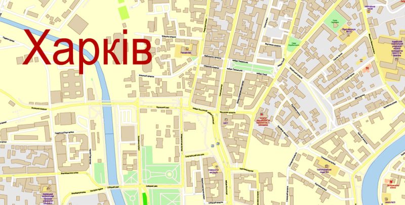 Kharkiv Vector Map Ukraine extra detailed City Plan scale 1:3021 editable Corel Draw Street Map in layers with buildings