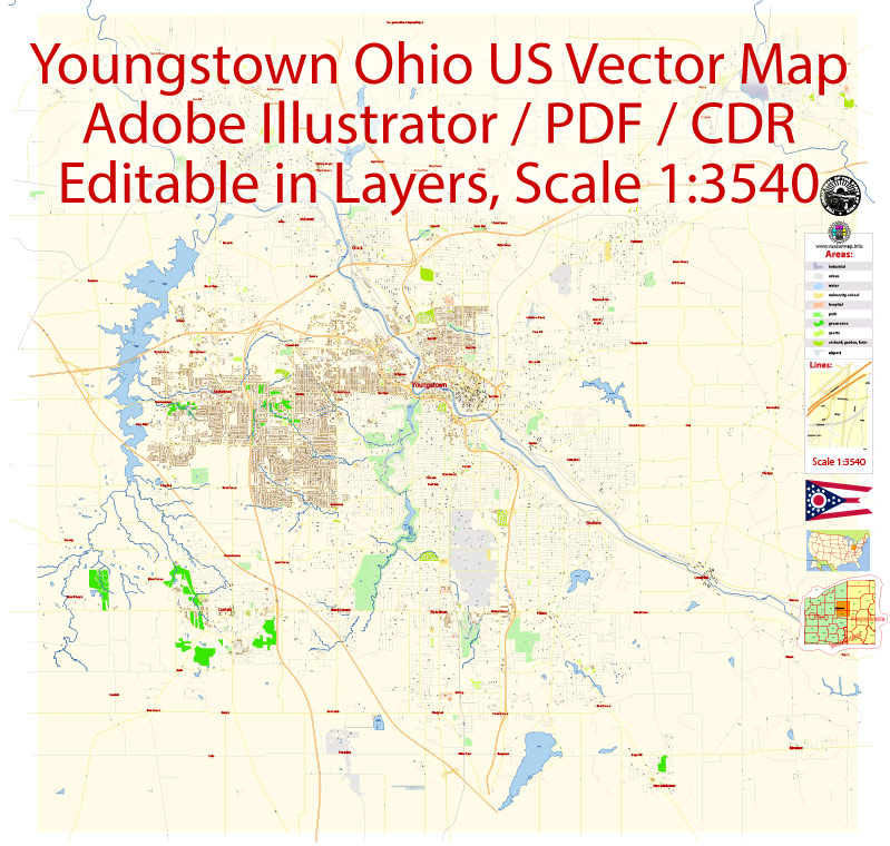 Youngstown Area Map Vector Ohio extra detailed City Plan scale 1:3540 editable Adobe Illustrator Street Map