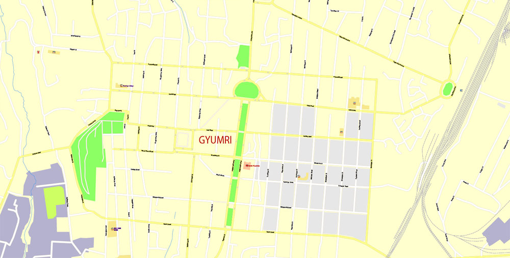 Gyumri Armenia Printable PDF Map, exact vector City Plan Map Eng+Arm scale 1:3558 full editable Adobe PDF Street Map