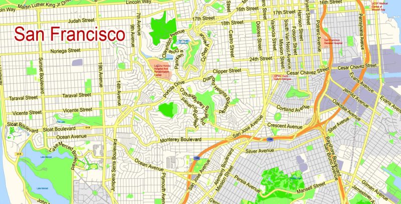 San Francisco Map + Oakland Map Vector California US exact City Plan scale 1:59463 full editable Adobe Illustrator Street Map