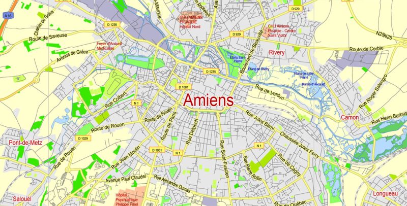 Amiens Vector Map France exact City Plan scale 1:48419 editable Adobe Illustrator Street Map in layers