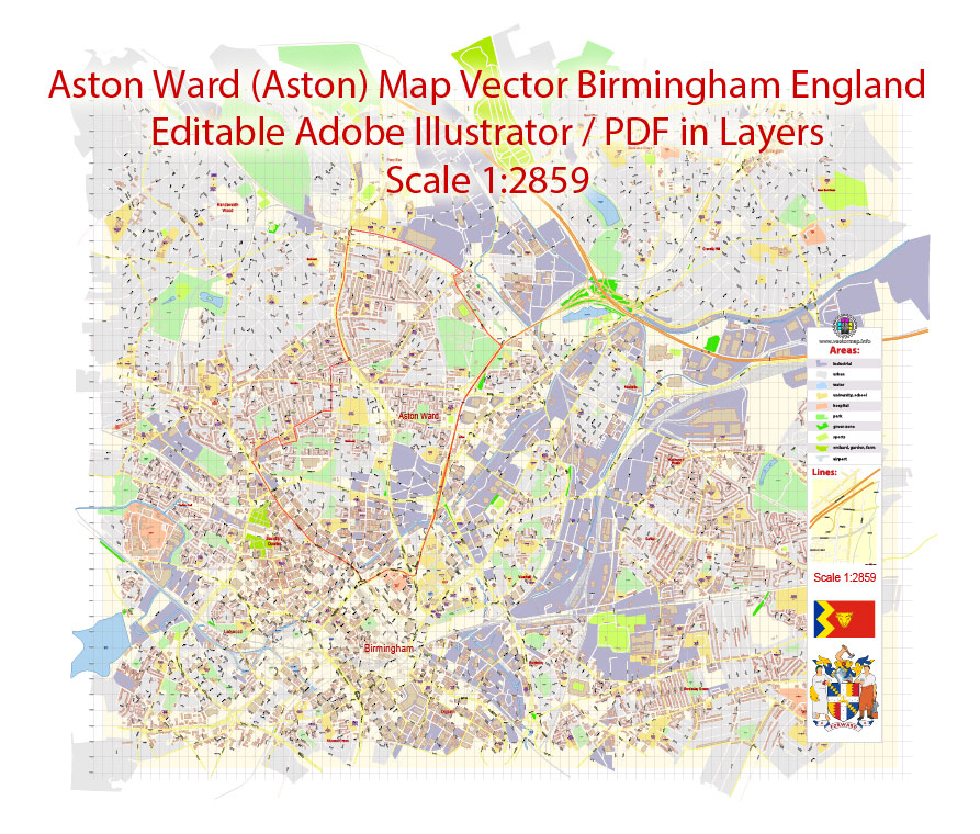 Aston Ward (Aston) Vector Map Birmingham England exact extra detailed City Plan editable Adobe Illustrator Street Map in layers