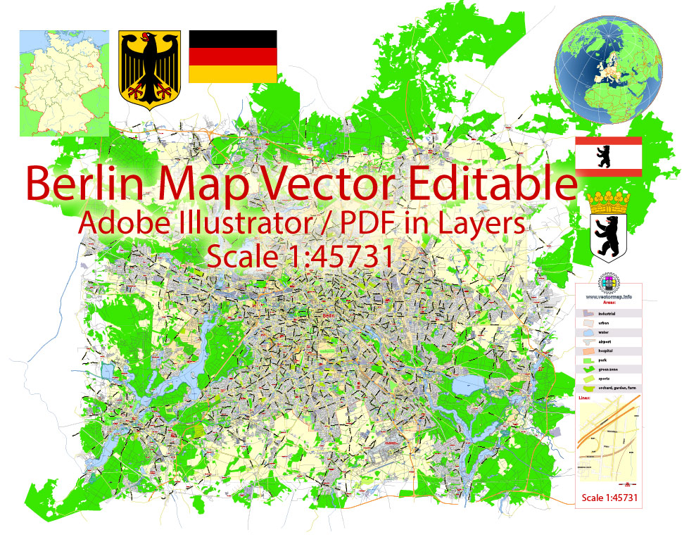 Berlin Map Vector Germany Printable exact City Plan scale 1:45731 editable Adobe Illustrator Street Map in layers