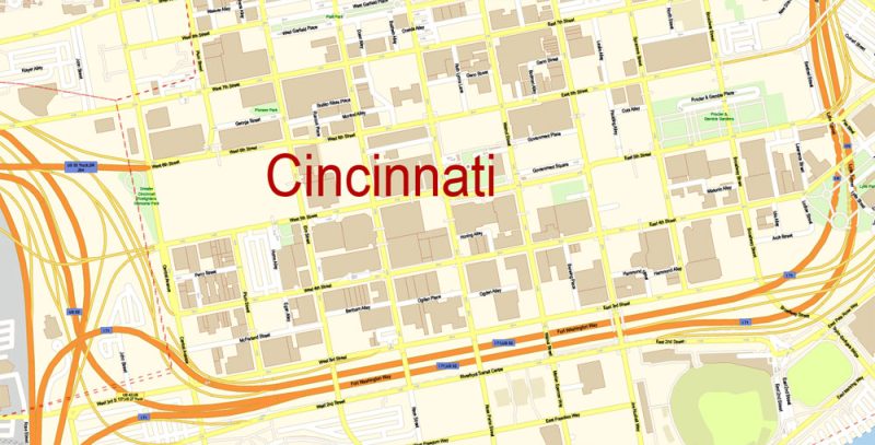 Cincinnati Map Vector Ohio US extra detailed City Plan scale 1:3664 full editable Adobe Illustrator Street Map in layers with buildings