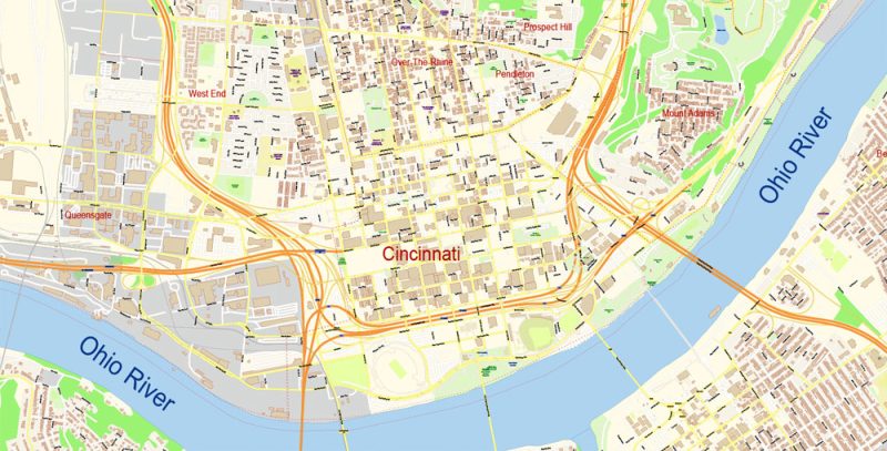 Cincinnati Map Vector Ohio US extra detailed City Plan scale 1:3664 full editable Adobe Illustrator Street Map in layers with buildings