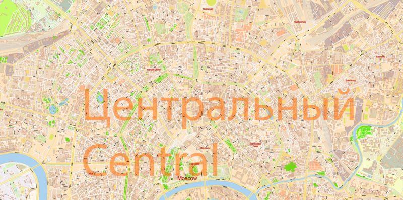 Москва Moscow Map Vector Russia English names exact extra detailed City Plan editable Adobe Illustrator Street Map in layers + admin areas + Subway Map