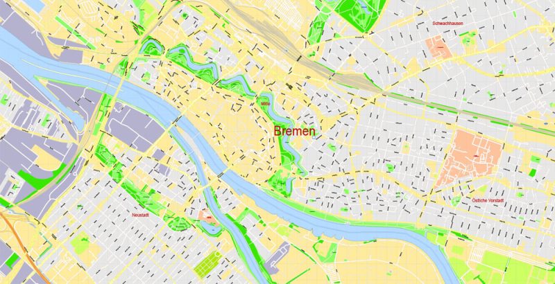 Printable Vector Map Bremen Germany exact Detailed City Plan scale 1:2820 editable Adobe Illustrator Street Map in layers 17 Mb ZIP