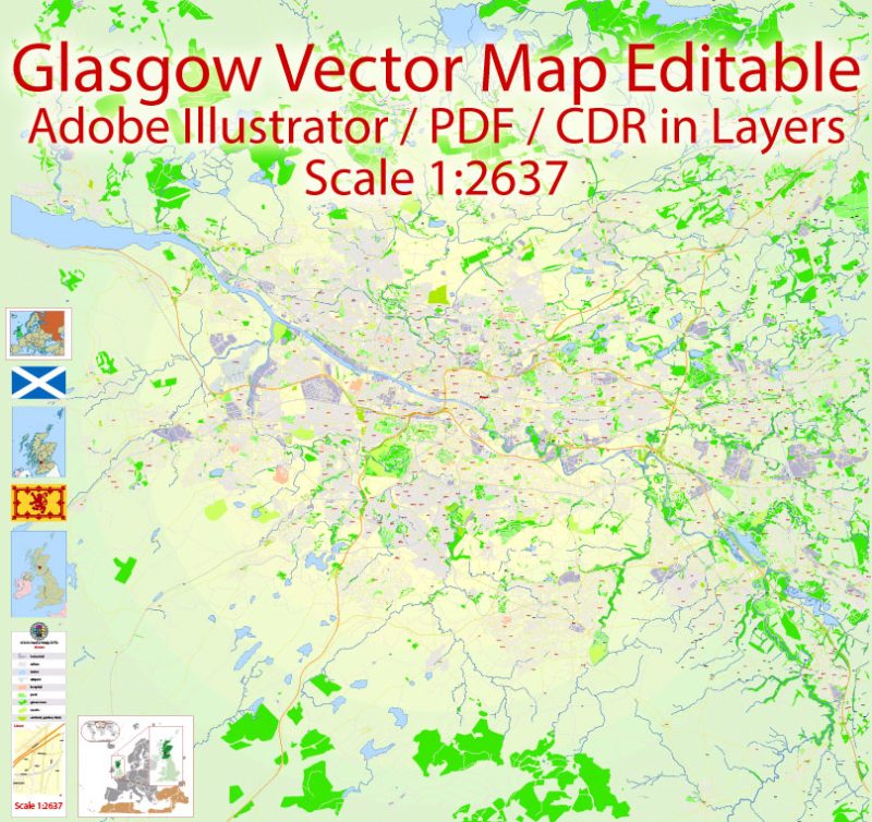 Glasgow Map Vector Scotland Printable exact Detailed City Plan scale 1:2637 editable Adobe Illustrator Street Map in layers