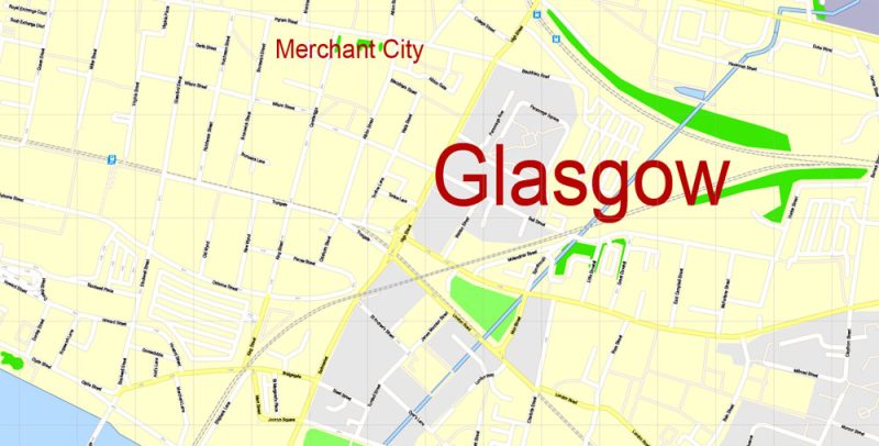 Glasgow Map Vector Scotland Printable exact Detailed City Plan scale 1:2637 editable Adobe Illustrator Street Map in layers