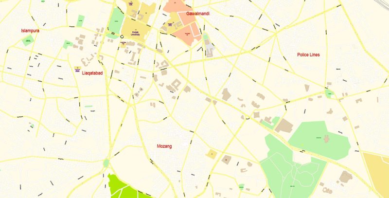 Printable Vector Map of Lahore Pakistan EN detailed City Plan scale 1:4006 full editable Adobe Illustrator Street Map in layers