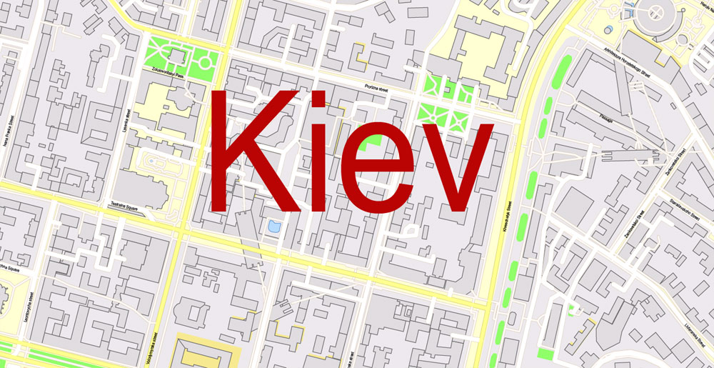 Printable Vector Map of Kiev Ukraine EN detailed City Plan scale 1:2990 editable Adobe Illustrator Street Map in layers text format all names, 30 mb ZIP
