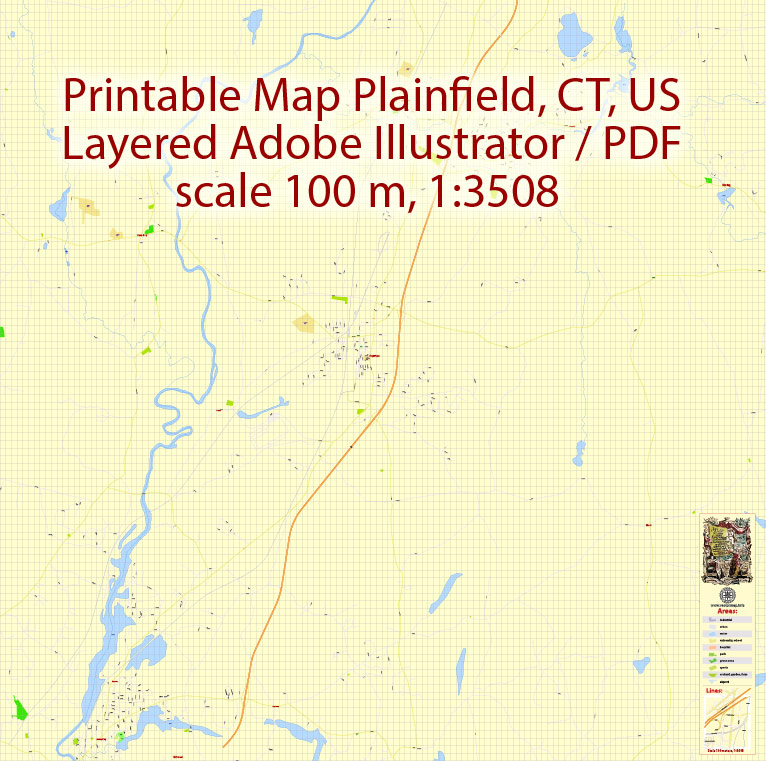 Printable PDF Vector Map of Plainfield Connecticut US detailed City Plan scale 1:3508 full editable Adobe PDF Street Map in layers
