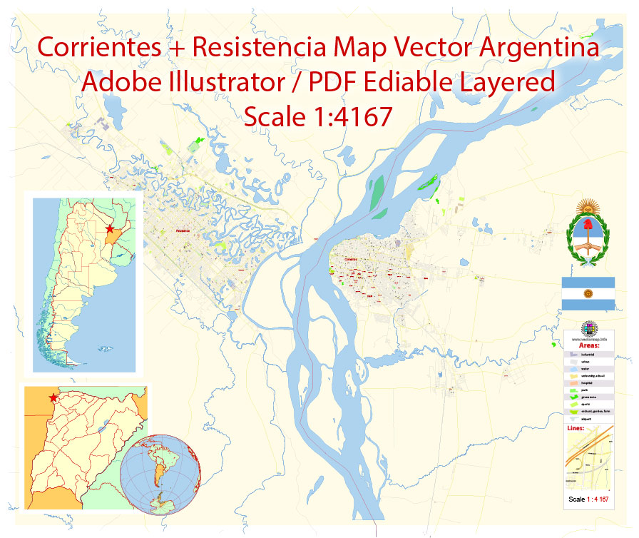 Corrientes + Resistencia Vector Map Argentina detailed City Plan editable Adobe Illustrator Street Map
