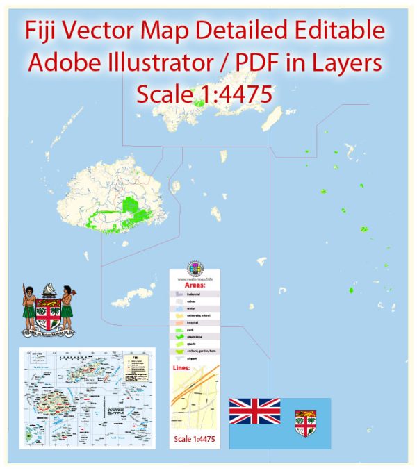 Printable Vector Map of Fiji Full Country Extra detailed Roads Stree Map full editable Adobe Illustrator