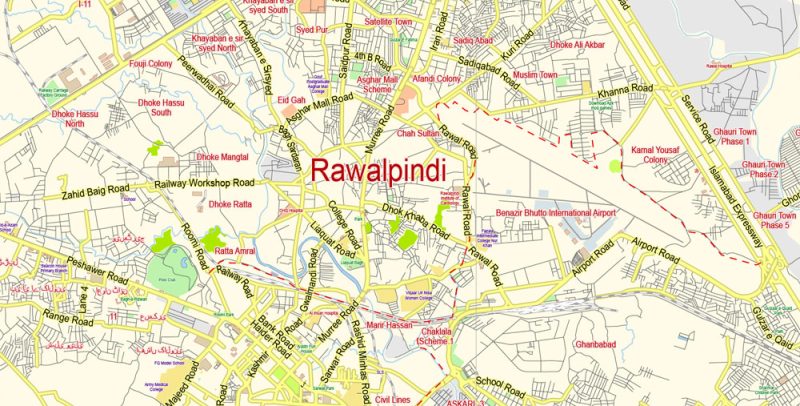 Printable Vector Map of Islamabad + Rawalpindi Pakistan EN low detailed City Plan scale 1:65290 editable Adobe Illustrator Street Map in layers for small pint size