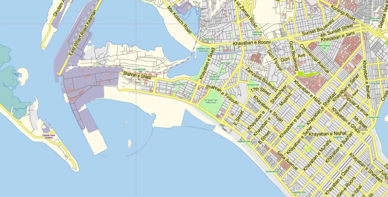 Printable Vector Map of Karachi Pakistan EN low detailed City Plan scale 1:68014 full editable Adobe Illustrator Street Map in layers for small print size