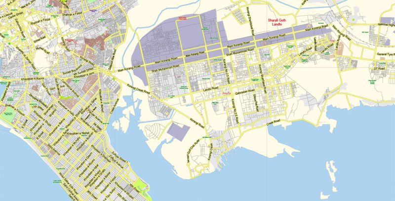 Printable Vector Map of Karachi Pakistan EN low detailed City Plan scale 1:68014 full editable Adobe Illustrator Street Map in layers for small print size