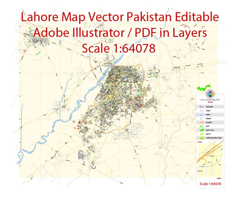 Printable Vector Map of Lahore Pakistan EN detailed City Plan scale 1:64078 full editable Adobe Illustrator Street Map in layers for small print size