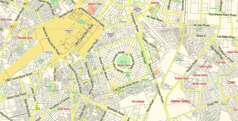 Printable Vector Map of Lahore Pakistan EN detailed City Plan scale 1:64078 full editable Adobe Illustrator Street Map in layers for small print size