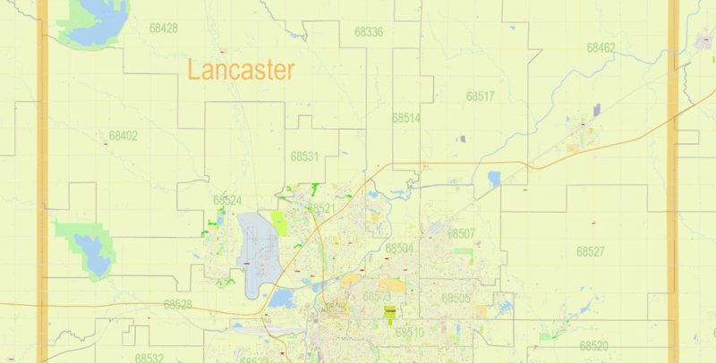 Map of Lancaster County Nebraska US detailed County Plan + Lincoln City scale 1:3559 full editable Adobe Illustrator Street Map in layers + zipcodes areas