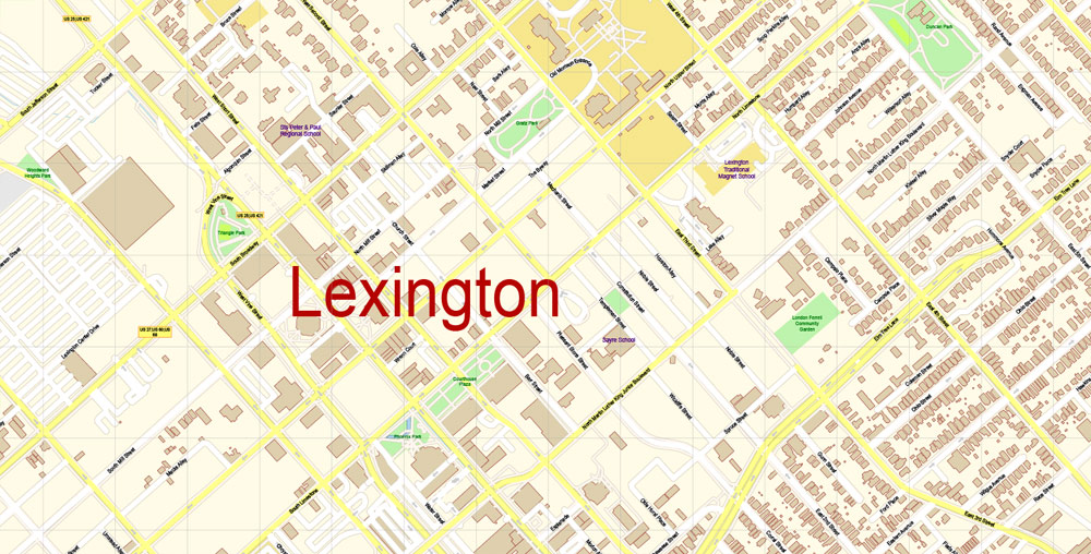 Printable Vector Map of Lexington Kentucky US detailed City Plan scale 1:4088 full editable Adobe Illustrator Street Map in layers