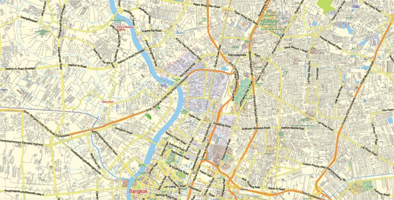 Printable Vector Map of Bangkok Thailand ENG low detailed City Plan for small print size scale 1:72993 full editable Adobe Illustrator Street Map in layers