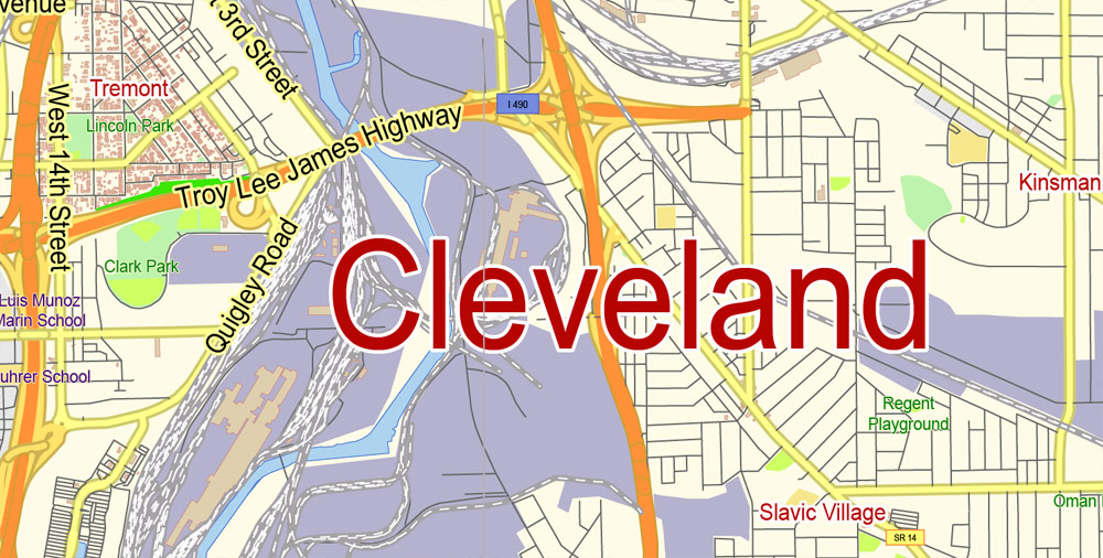 Printable Vector Map of Cleveland Ohio US low detailed City Plan for small print size scale 1:56359 full editable Adobe Illustrator Street Map in layers
