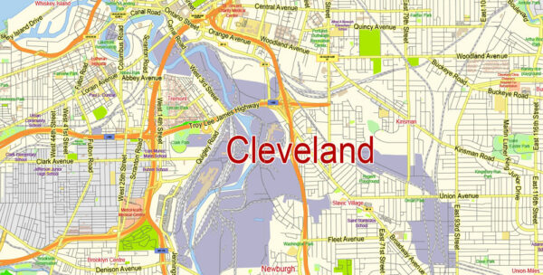 Cleveland PDF Map Ohio US low detailed City Plan for small print size ...
