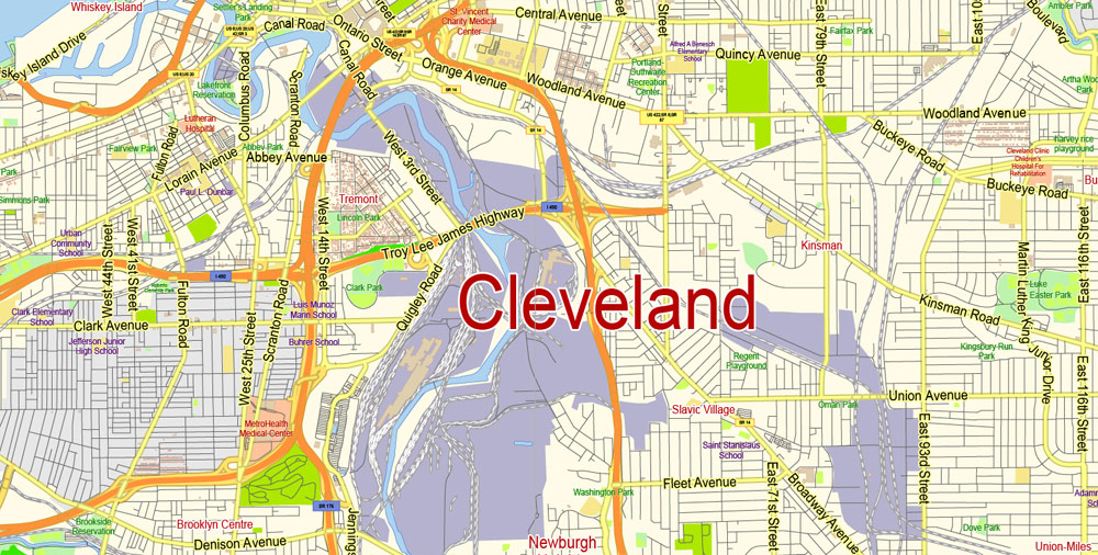 Printable Vector Map of Cleveland Ohio US low detailed City Plan for small print size scale 1:56359 full editable Adobe Illustrator Street Map in layers