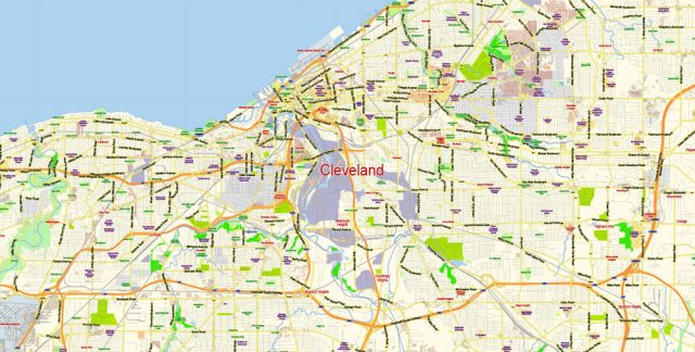 Cleveland PDF Map Ohio US low detailed City Plan for small print size ...
