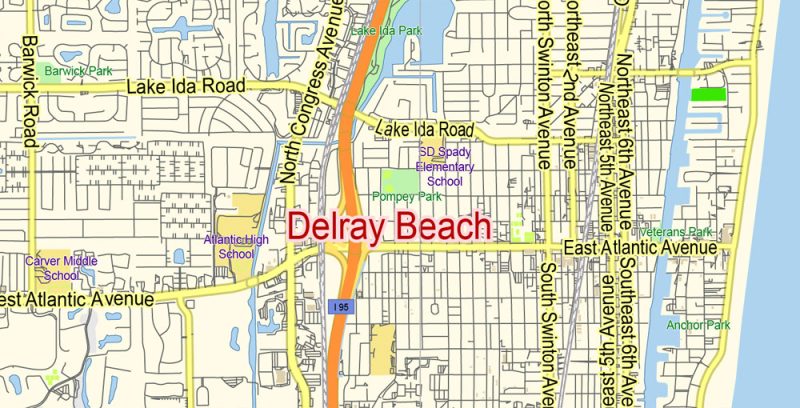 Delray Beach Vector Map Florida US small print size City Plan full editable Adobe Illustrator Street Map in layers
