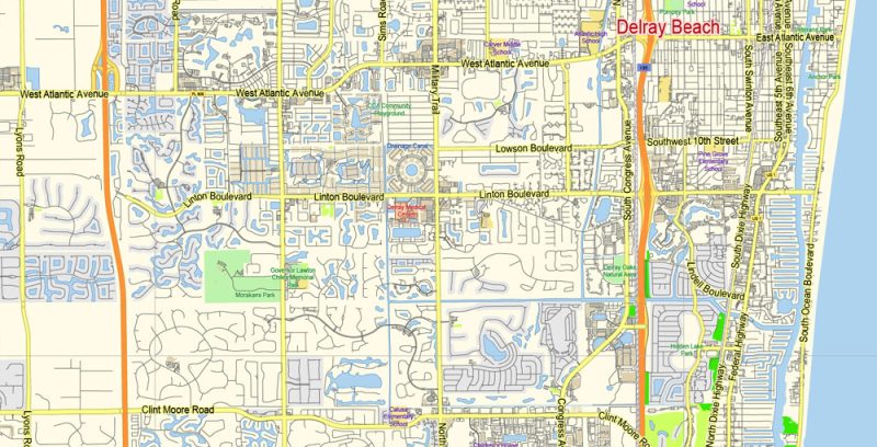 Printable Vector Map of Delray Beach Florida US low detailed City Plan for small print size scale 1:67280 full editable Adobe Illustrator Street Map in layers