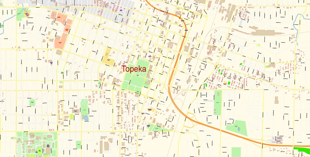 Topeka + Lawrence Map Vector Kansas US detailed City Plan editable Adobe Illustrator Street Map in layers