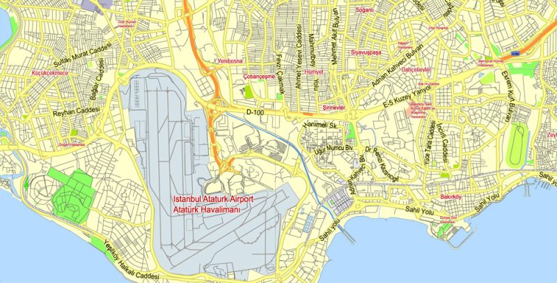 Printable Vector Map Istanbul, Turkey, exact City Plan 2000 meters scale street map editable, Adobe Illustrator in layers