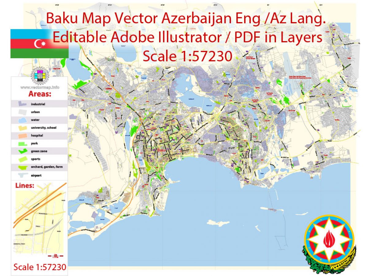 Baku Map Vector Azerbaijan Eng Az Detailed City Plan Editable Illustrator