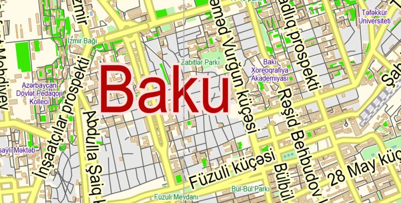 Printable Vector Map of Baku Azerbaijan ENG / AZ Low detailed City Plan scale 1:57230 editable Adobe Illustrator Street Map in layers  for small size printing