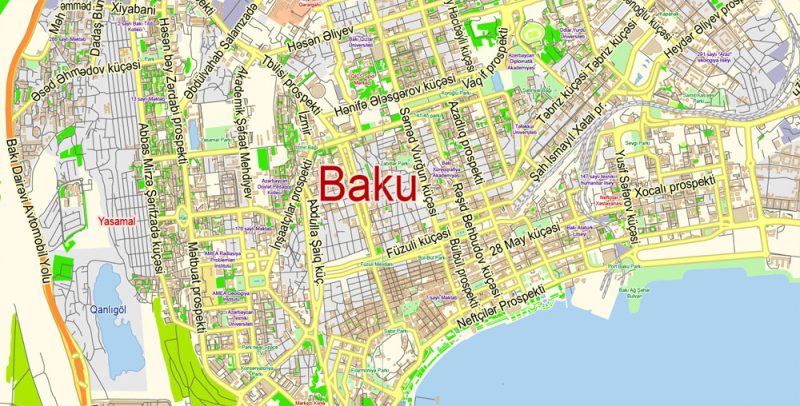 Printable Vector Map of Baku Azerbaijan ENG / AZ Low detailed City Plan scale 1:57230 editable Adobe Illustrator Street Map in layers  for small size printing