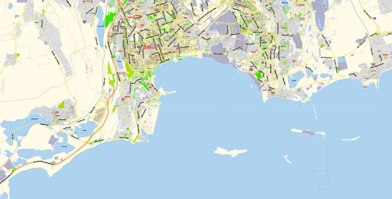 Baku Azerbaijan Map Vector ENG / AZ Low detailed City Plan editable Adobe Illustrator Street Map in layers for small size printing