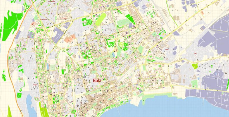 Printable Vector Map of Baku Azerbaijan AZ detailed City Plan scale 1:3577 editable Adobe Illustrator Street Map in layers