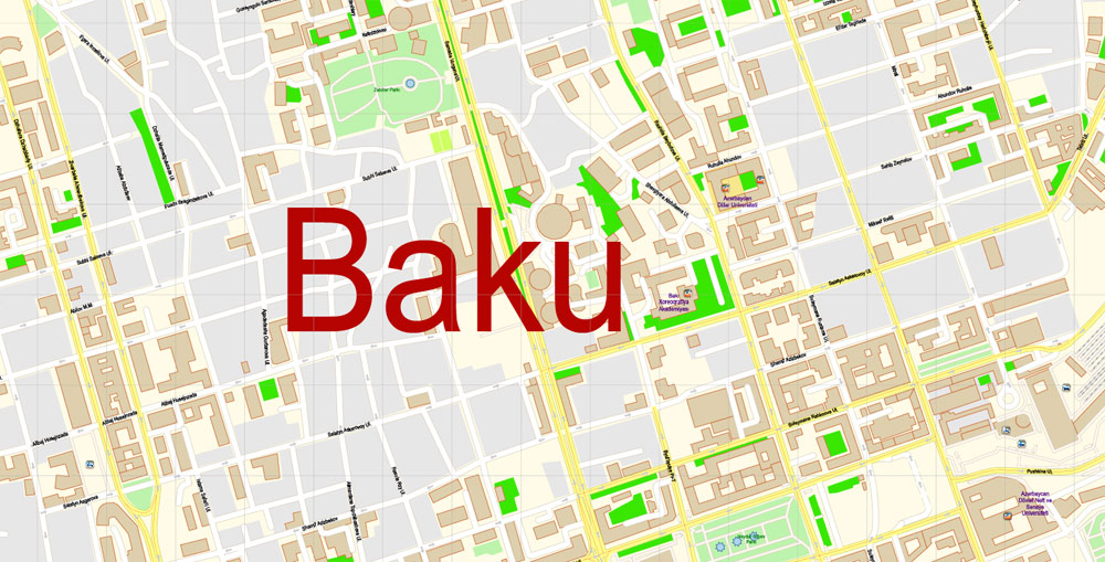 Printable Vector Map of Baku Azerbaijan EN detailed City Plan scale 1:3577 editable Adobe Illustrator Street Map in layers