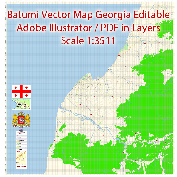 Printable Vector Map of Batumi Georgia EN detailed City Plan scale 1:3511 editable Adobe Illustrator Street Map in layers