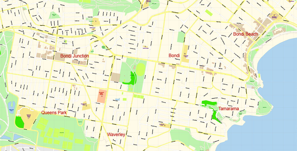 Sydney City Center Vector Map Australia exact printable City Plan editable layered Adobe Illustrator scale 1:3900 Street Map, scalable, text format all names