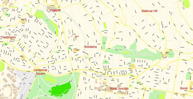 Sydney City Center Vector Map Australia exact printable City Plan editable layered Adobe Illustrator scale 1:3900 Street Map, scalable, text format all names
