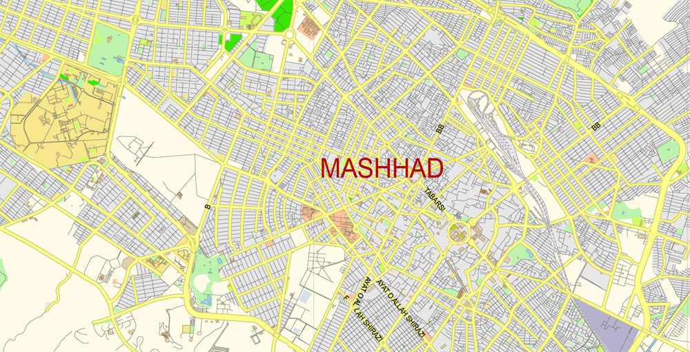 Printable Vector Map of Mashhad Iran Farci / Ehglish Low detailed City Plan scale 1:60573 full editable Adobe Illustrator Street Map in layers for small print size