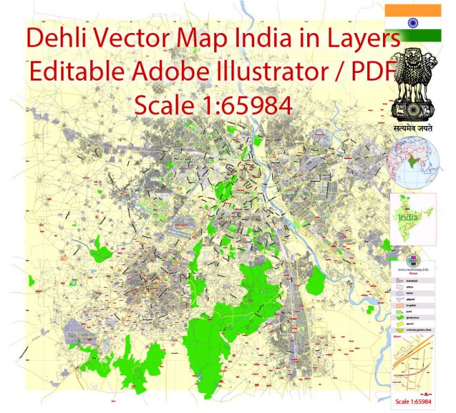 Printable Vector Map of Delhi India ENG low detailed City Plan for small print size scale 1:65984 full editable Adobe Illustrator Street Map in layers